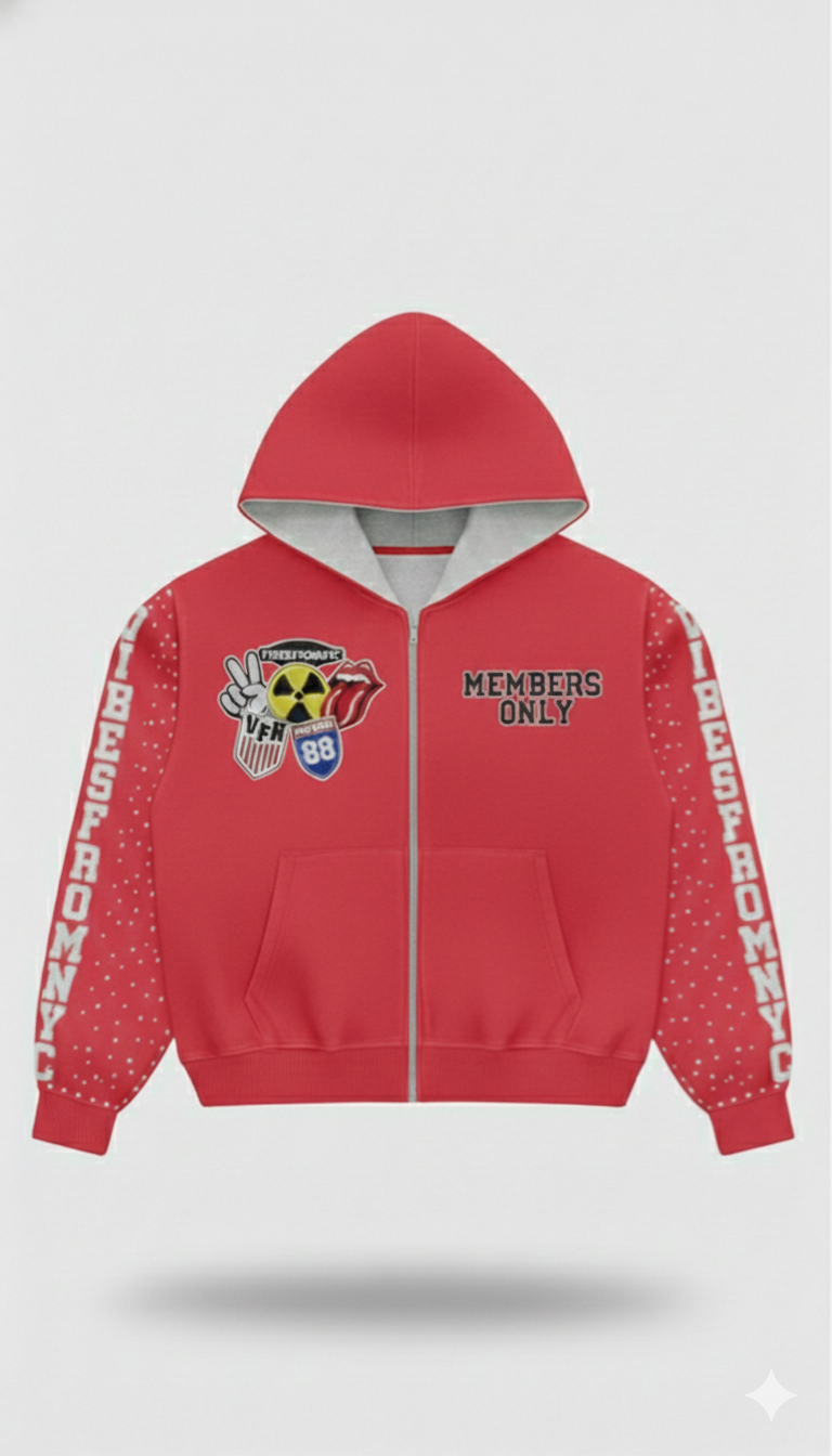VIBESFROMNYC  Members Only Zip Hoodie Patch Crest & Sleeve Lettering