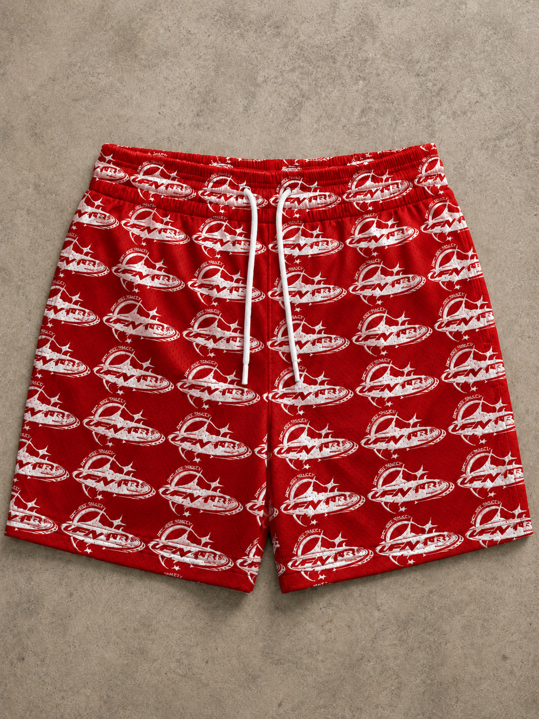 VIBESFROMNYC VFN All-Over Graphic Drawstring Shorts Repeat Logo Pattern