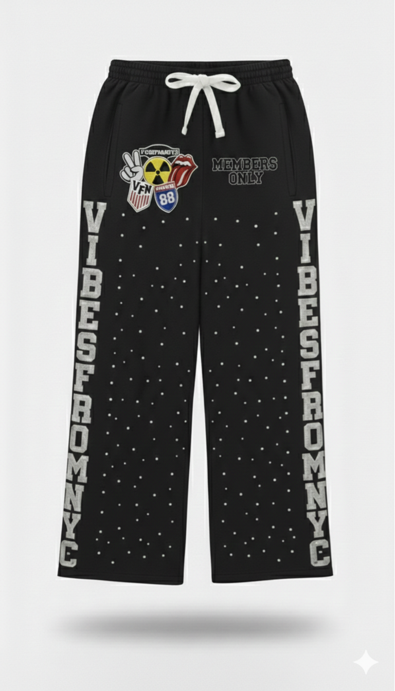 VIBESFROMNYC Members Only Graphic Lounge Sweatpants VFN 88 Patch & Vertical Lettering