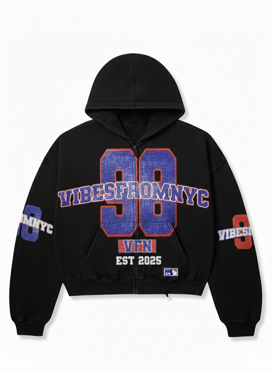 VIBESFROMNYC Distressed 98 Zip Hoodie Vibes From NYC PatchGraphic Full-Front