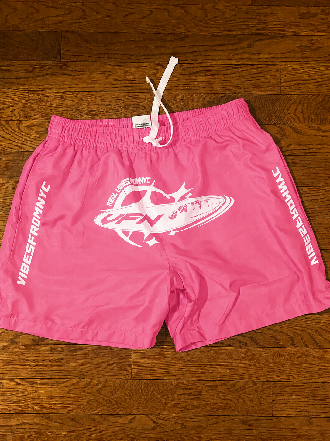VIBESFROMNYC Drawstring Shorts Vertical Branding Detail