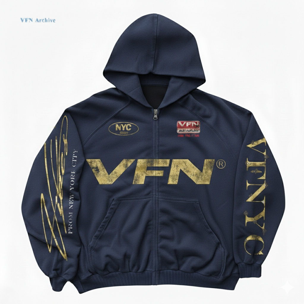VIBESFROMNYC Distressed Back Print Zip Hoodie NYC Logo & VFN Patch
