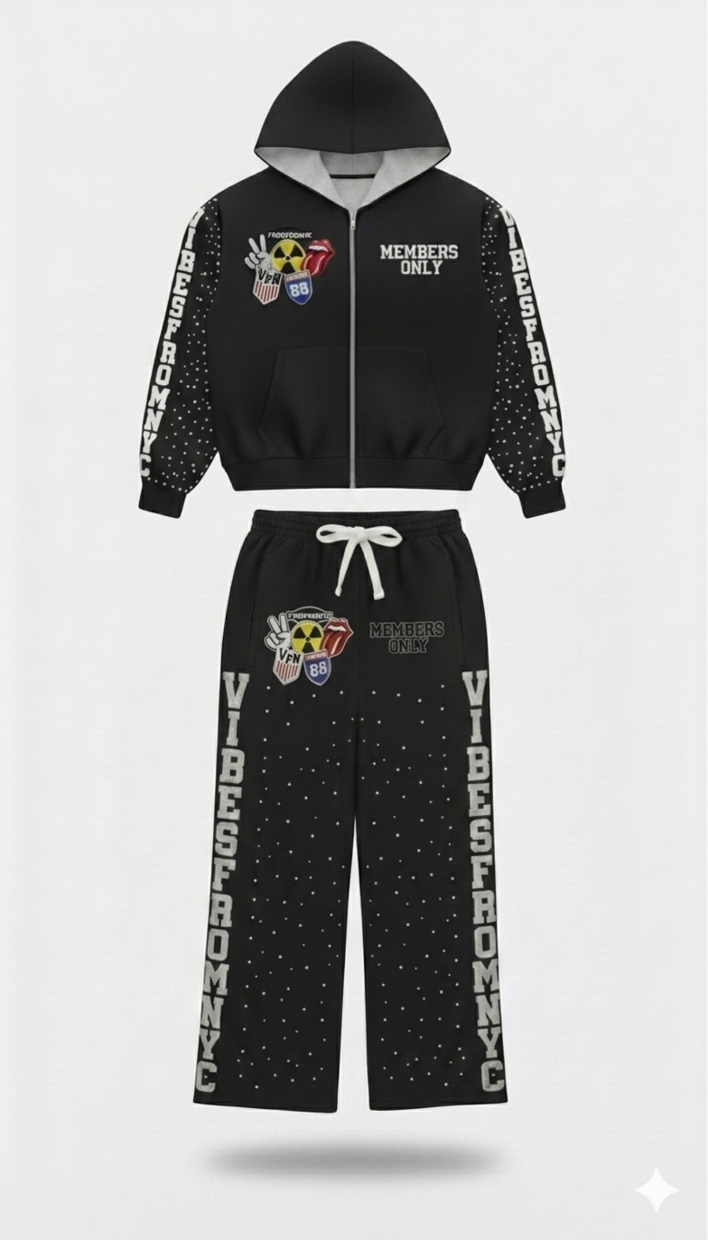 VIBESFROMNYC Members Only Graphic Zip Hoodie Set VFN 88 Crest & Side Lettering