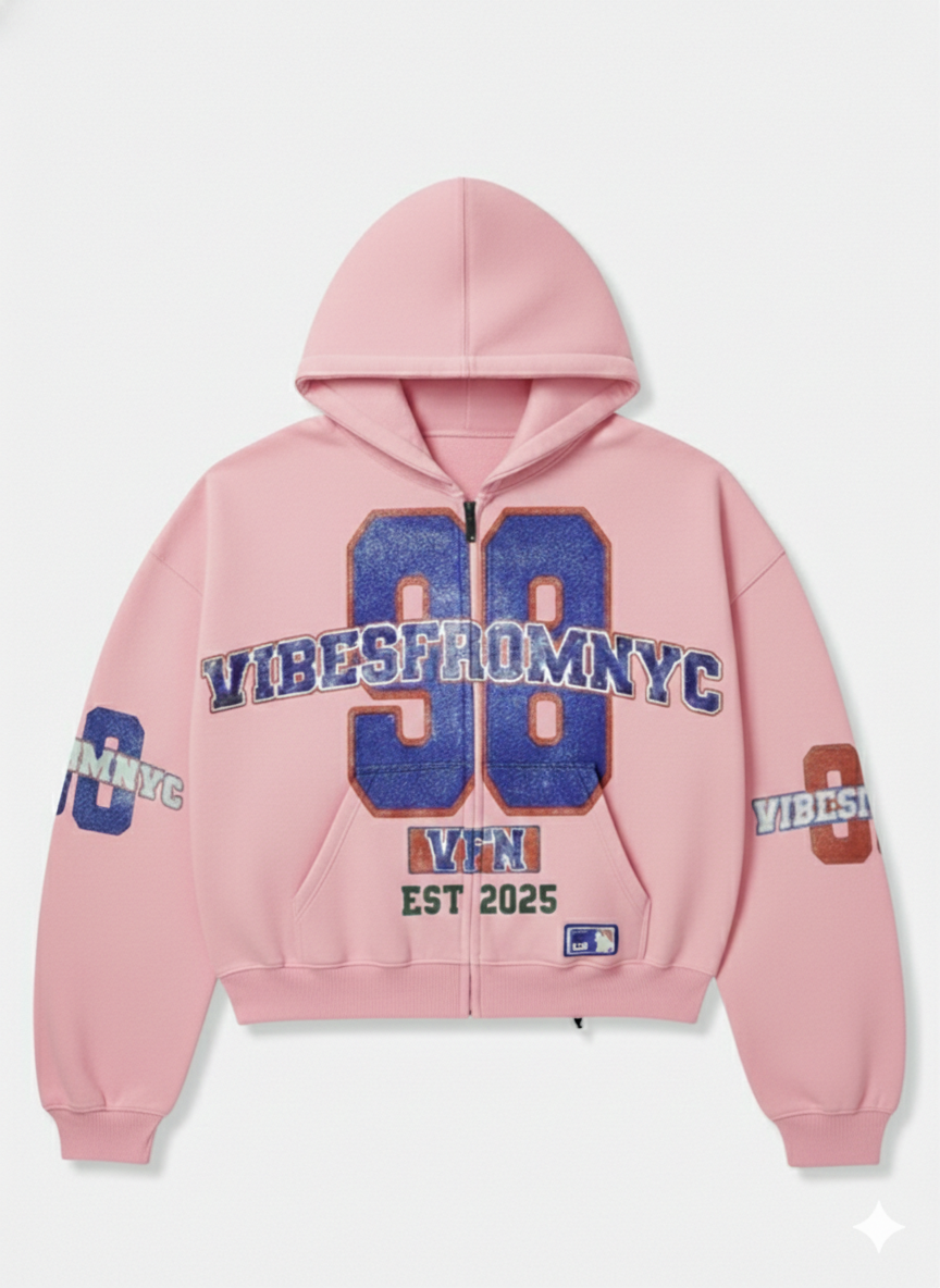 VIBESFROMNYC Distressed 98 Zip Hoodie Vibes From NYC PatchGraphic Full-Front