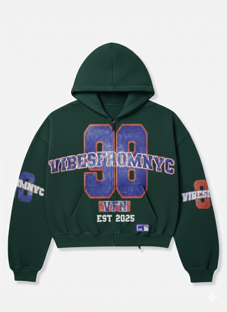 VIBESFROMNYC Distressed 98 Zip Hoodie Vibes From NYC PatchGraphic Full-Front