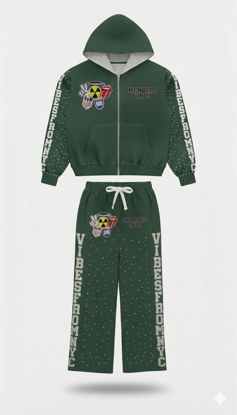 VIBESFROMNYC Members Only Graphic Zip Hoodie Set VFN 88 Crest & Side Lettering
