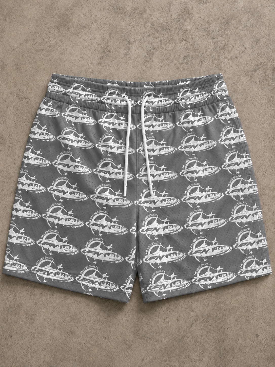 VIBESFROMNYC VFN All-Over Graphic Drawstring Shorts Repeat Logo Pattern