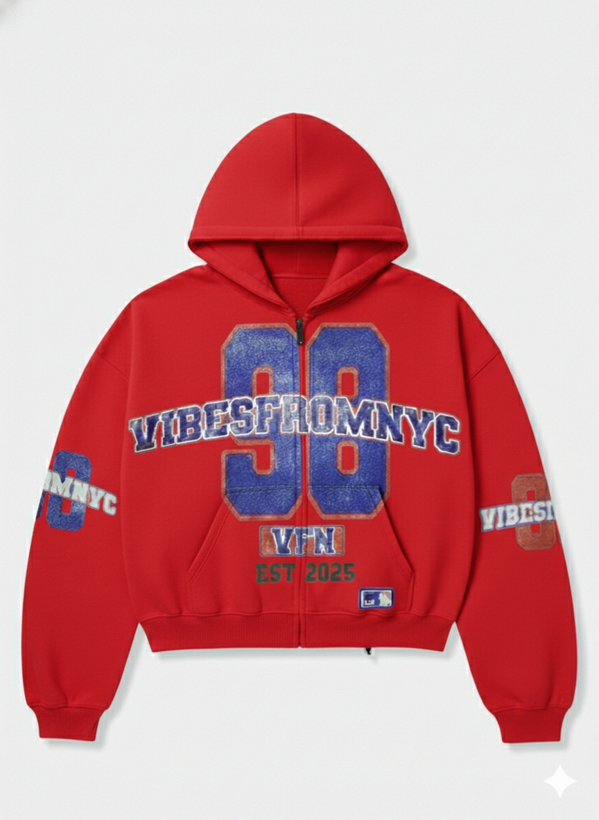 VIBESFROMNYC Distressed 98 Zip Hoodie Vibes From NYC PatchGraphic Full-Front