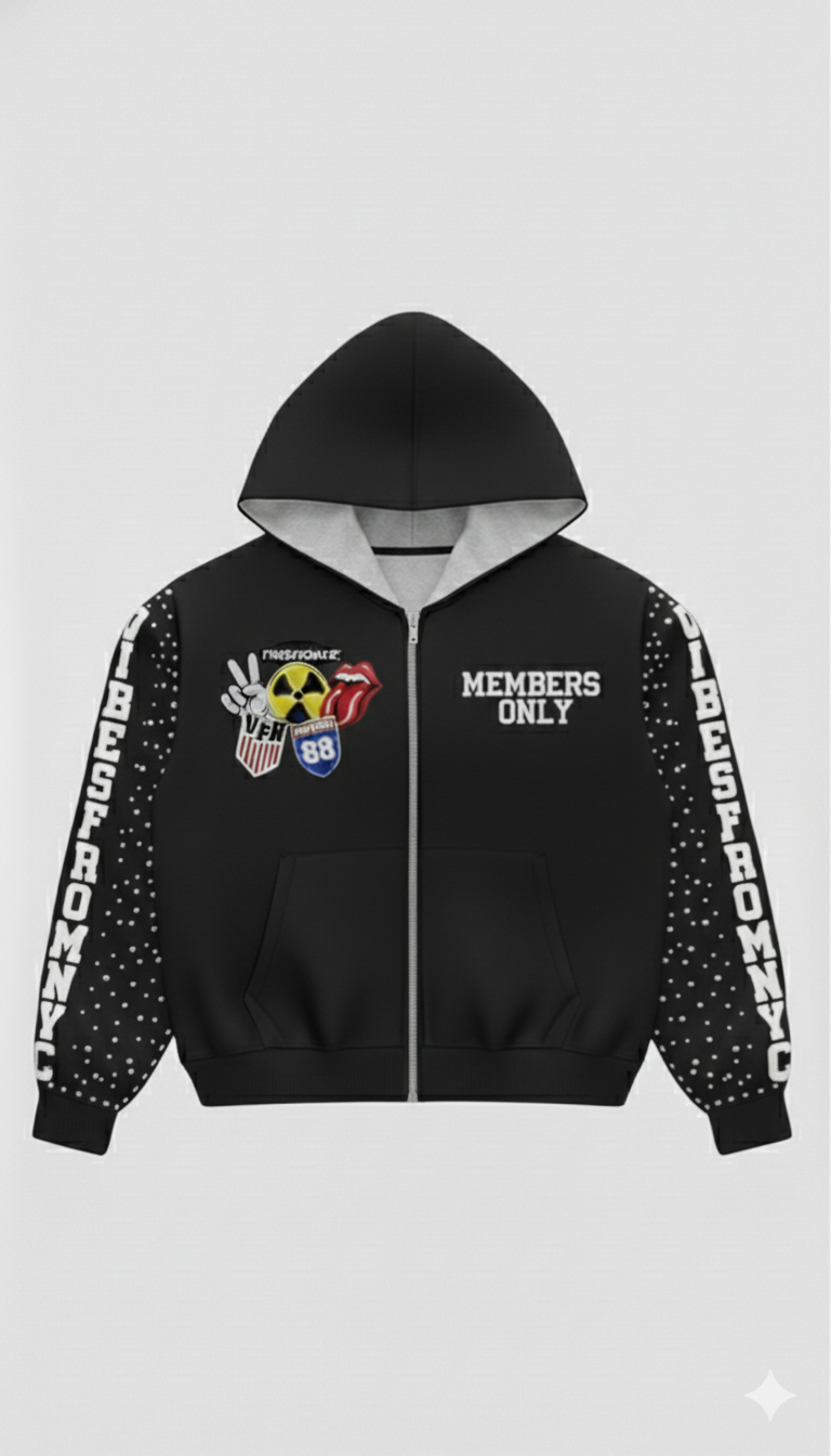 VIBESFROMNYC  Members Only Zip Hoodie Patch Crest & Sleeve Lettering