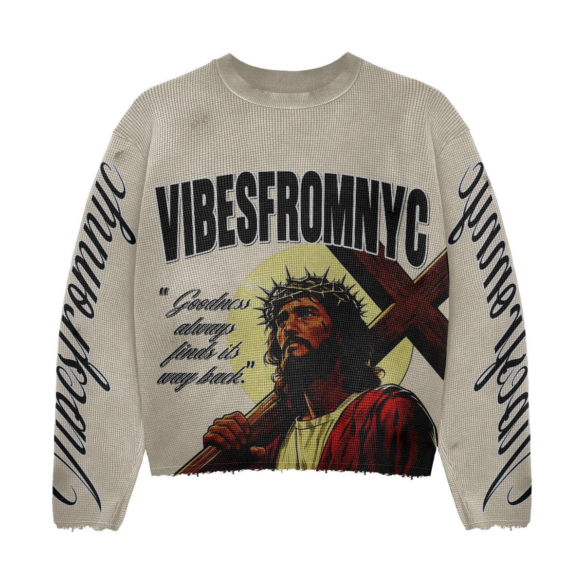 VIBESFROMNYC Graphic Waffle Knit Crewneck Sweater