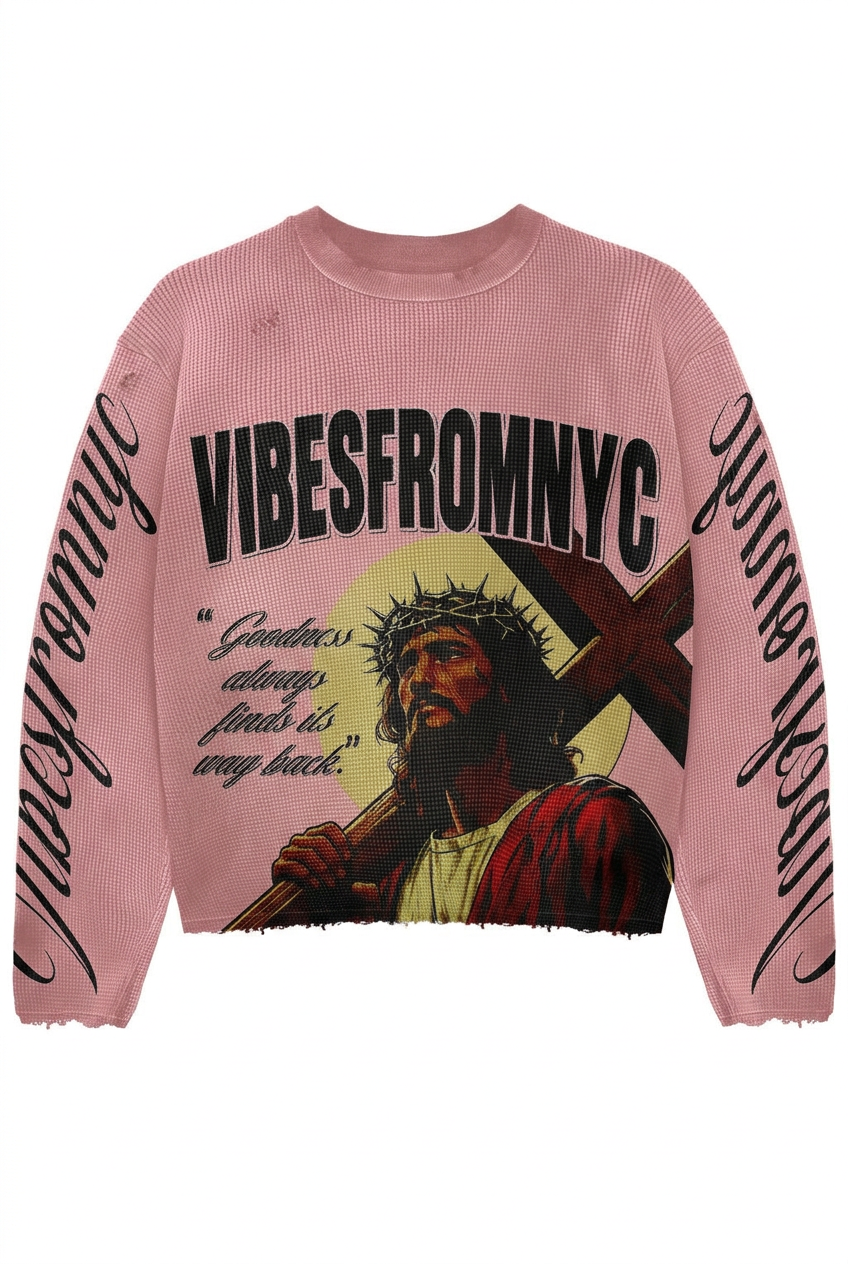 VIBESFROMNYC Graphic Waffle Knit Crewneck Sweater