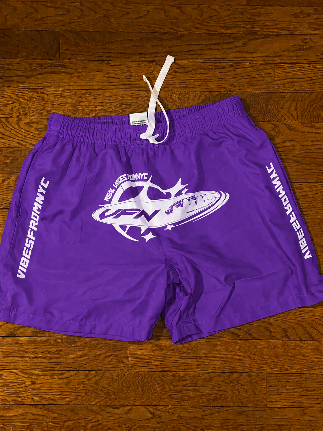 VIBESFROMNYC Drawstring Shorts Vertical Branding Detail