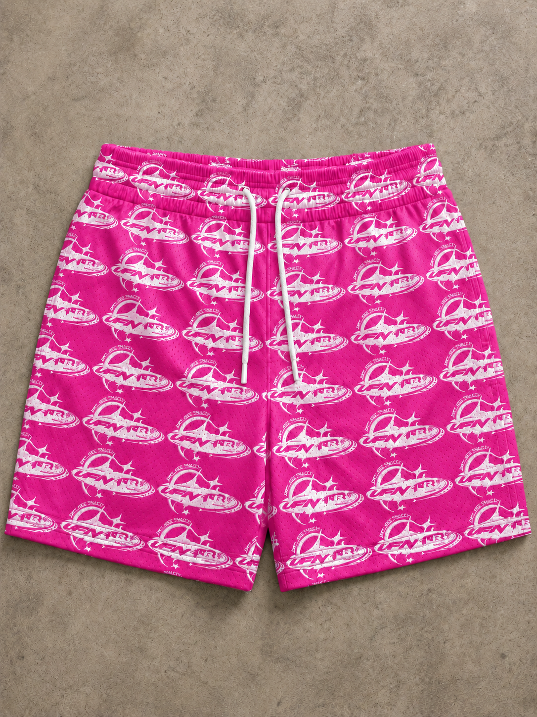VIBESFROMNYC VFN All-Over Graphic Drawstring Shorts Repeat Logo Pattern