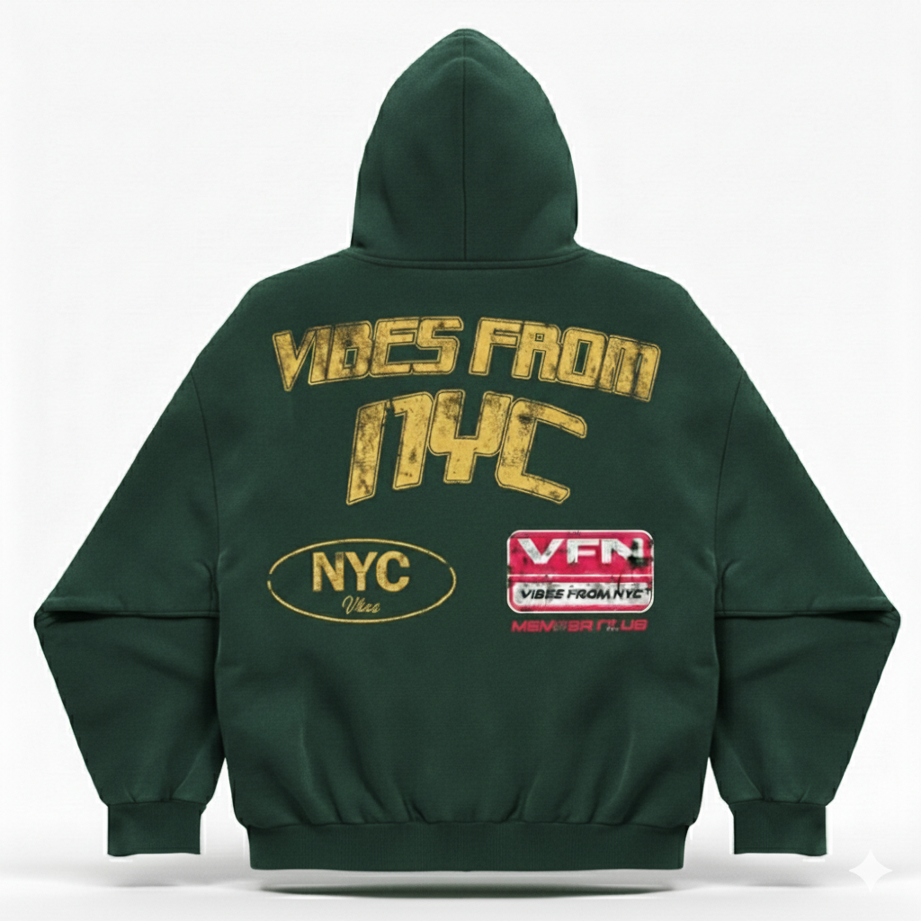 VIBESFROMNYC Distressed Back Print Zip Hoodie NYC Logo & VFN Patch