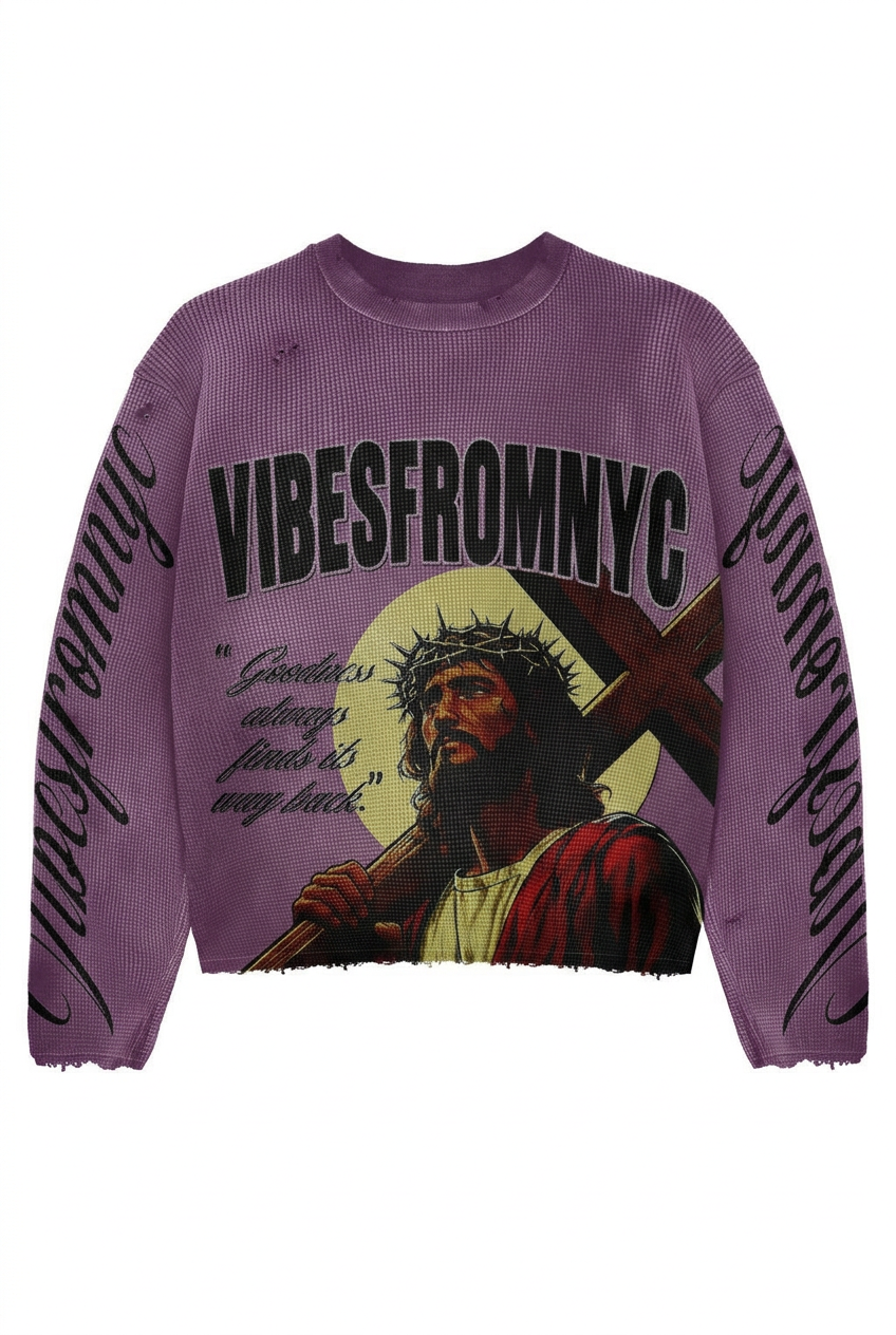 VIBESFROMNYC Graphic Waffle Knit Crewneck Sweater