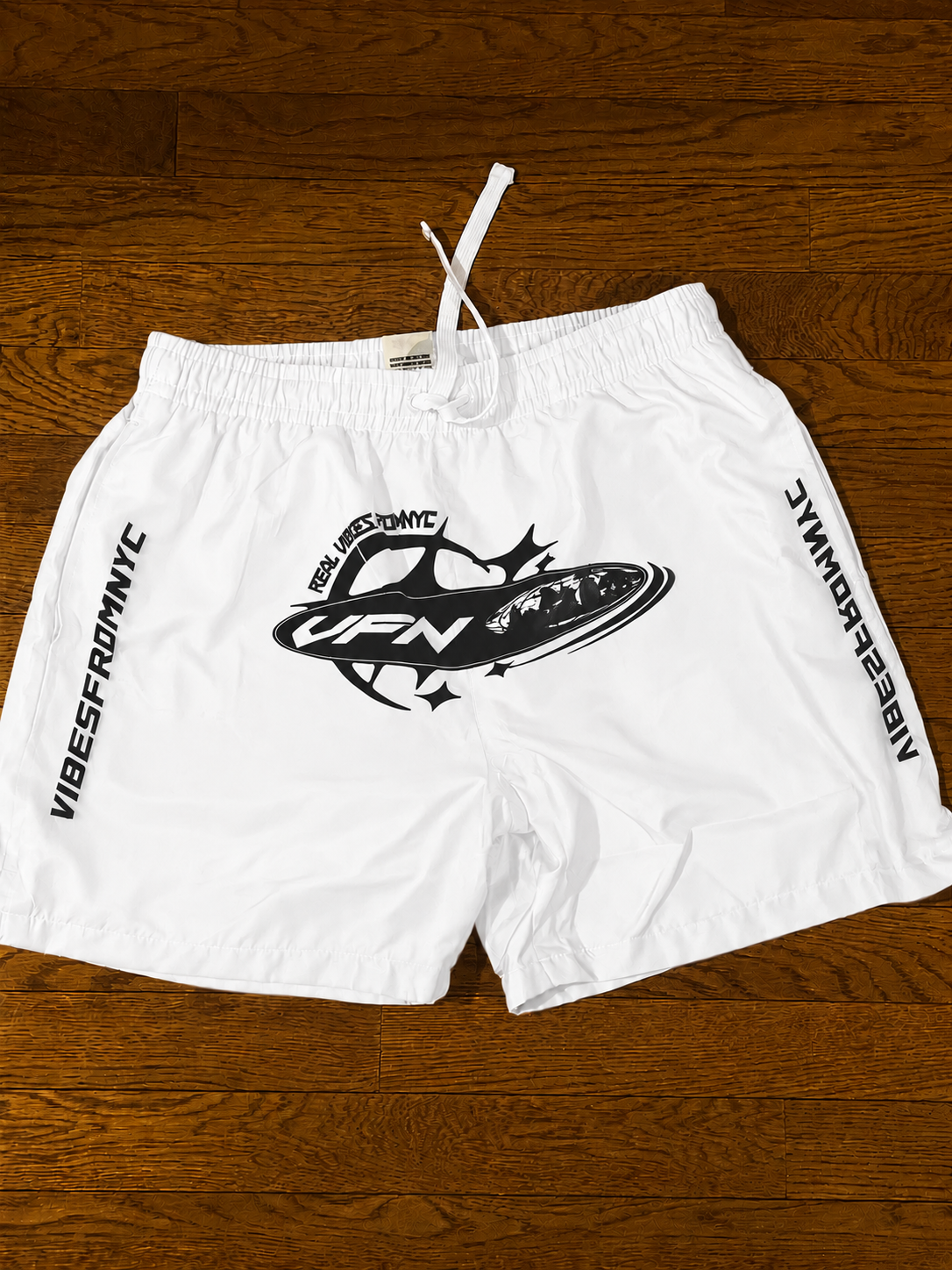 VIBESFROMNYC Drawstring Shorts Vertical Branding Detail