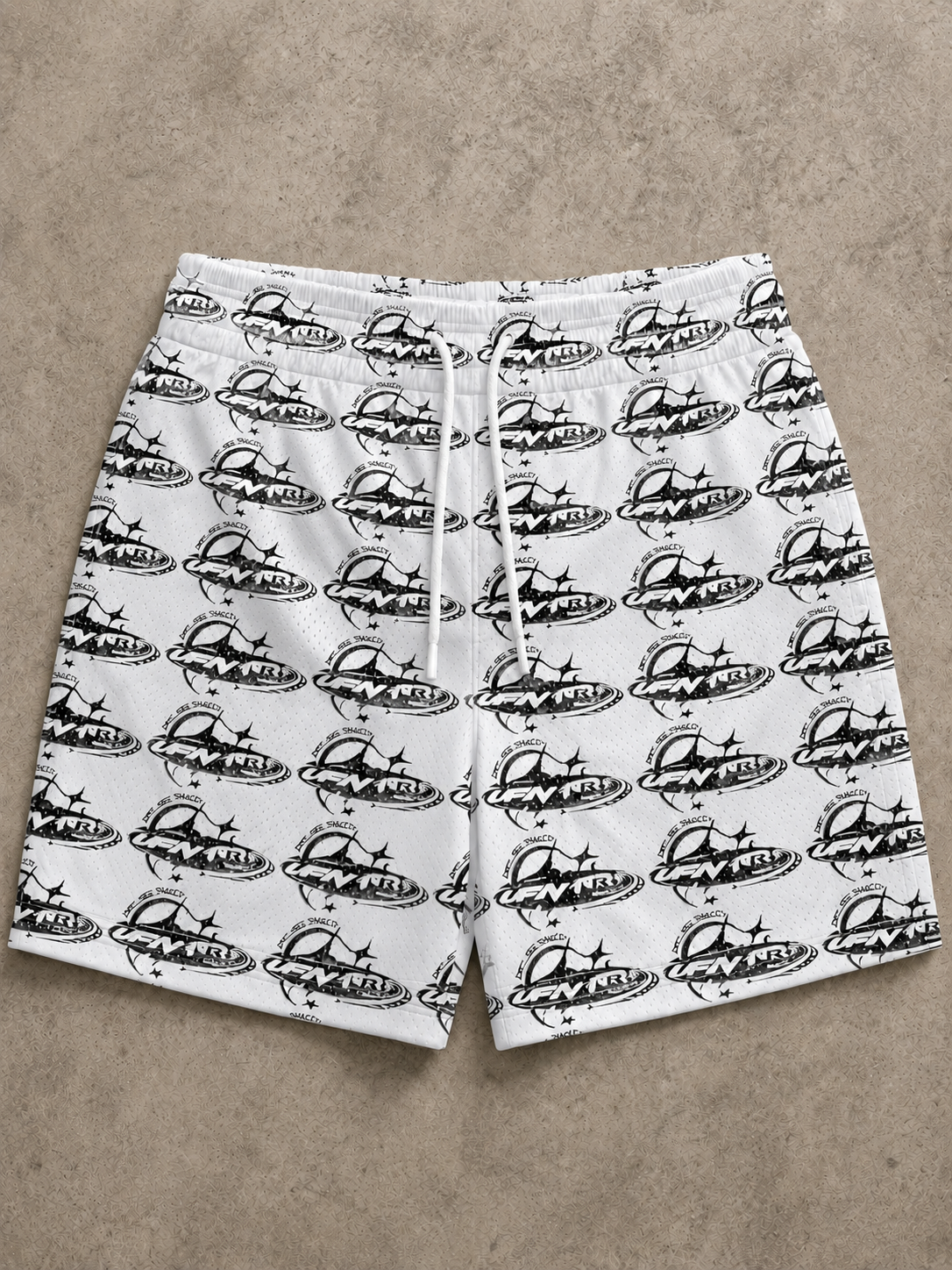 VIBESFROMNYC VFN All-Over Graphic Drawstring Shorts Repeat Logo Pattern