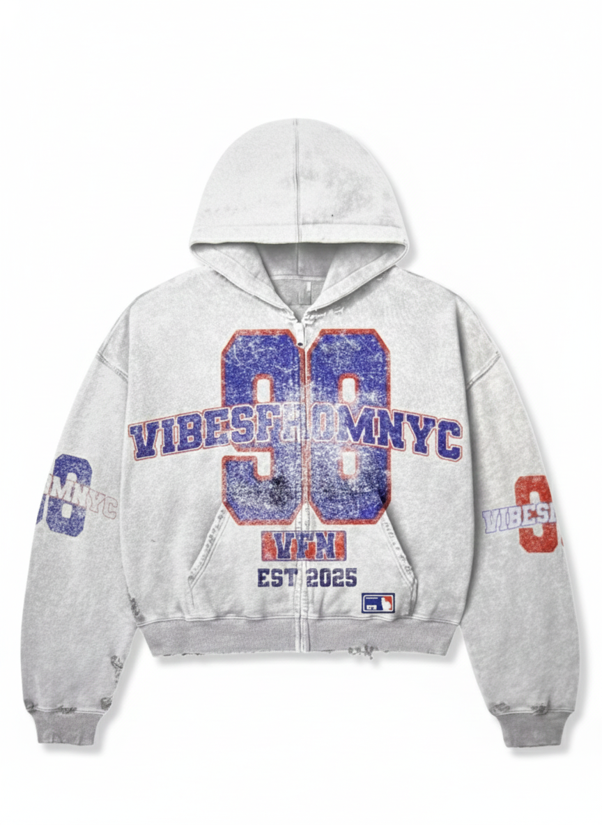 VIBESFROMNYC Distressed 98 Zip Hoodie Vibes From NYC PatchGraphic Full-Front