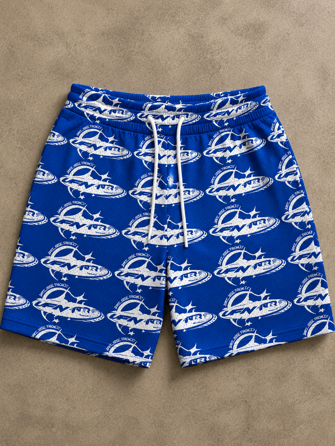 VIBESFROMNYC VFN All-Over Graphic Drawstring Shorts Repeat Logo Pattern