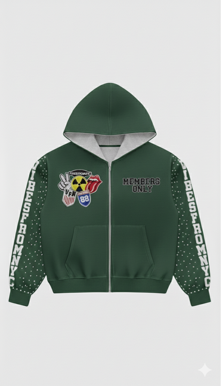 VIBESFROMNYC  Members Only Zip Hoodie Patch Crest & Sleeve Lettering