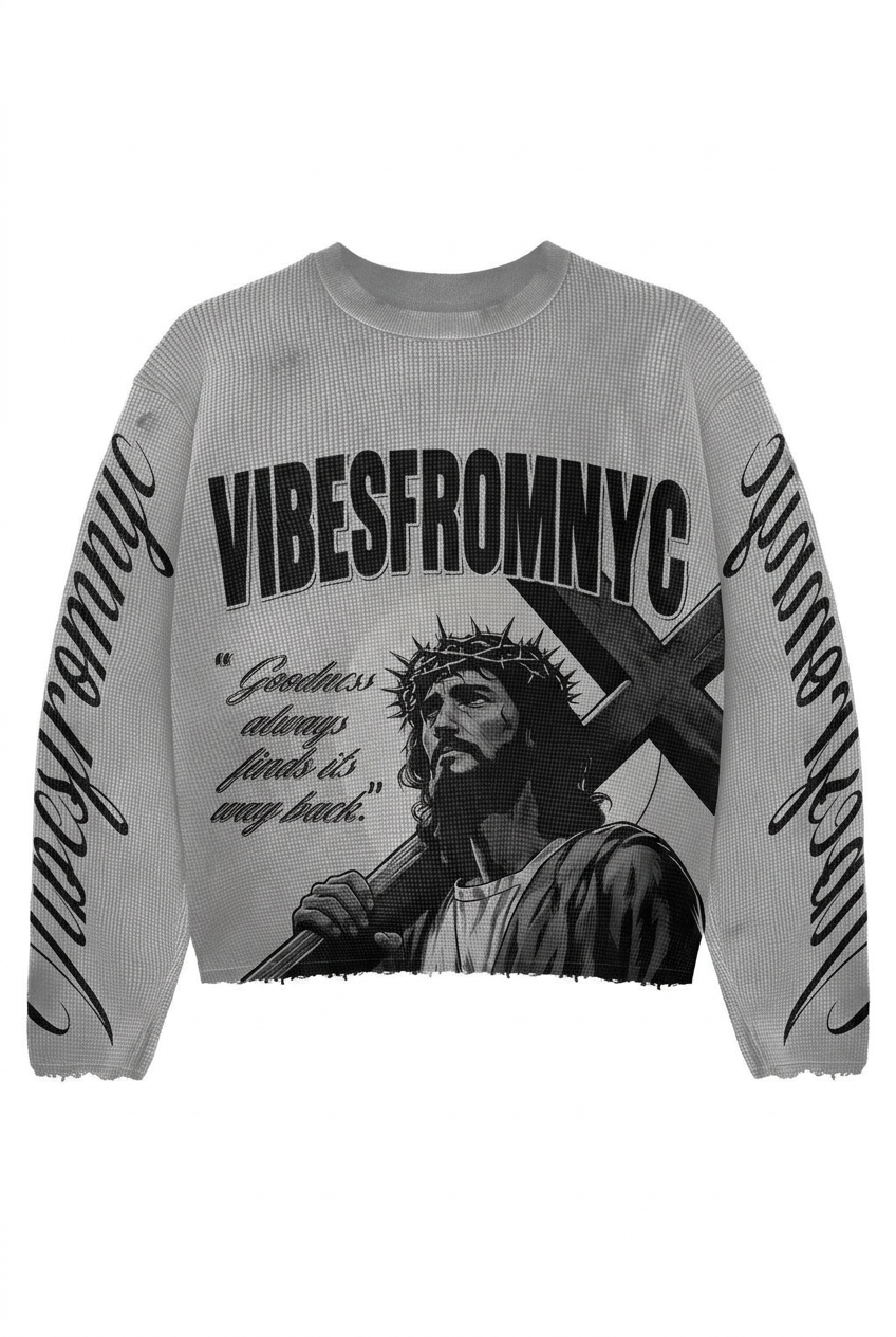 VIBESFROMNYC Graphic Waffle Knit Crewneck Sweater