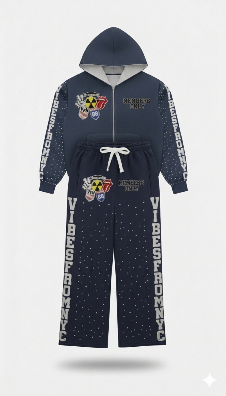 VIBESFROMNYC Members Only Graphic Zip Hoodie Set VFN 88 Crest & Side Lettering