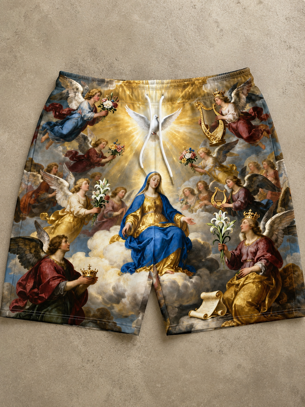 VIBESFROMNYC VFN Angel Crown All-Over Print Drawstring Shorts Artwork Panel Look