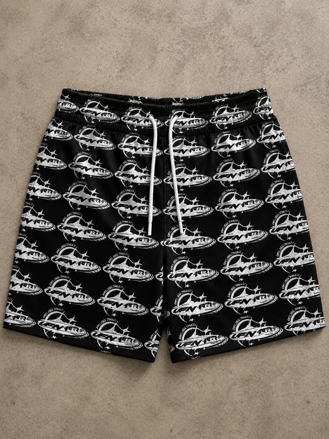 VIBESFROMNYC VFN All-Over Graphic Drawstring Shorts Repeat Logo Pattern