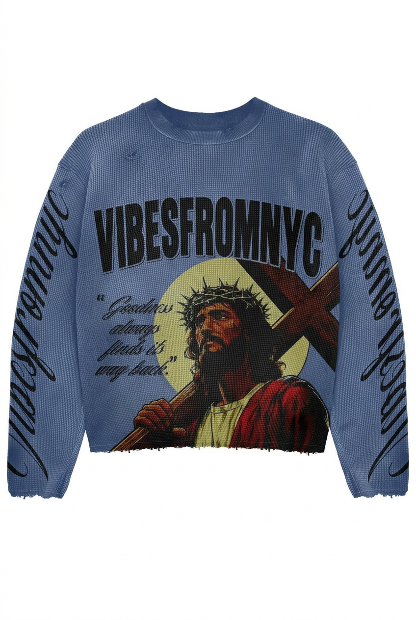 VIBESFROMNYC Graphic Waffle Knit Crewneck Sweater