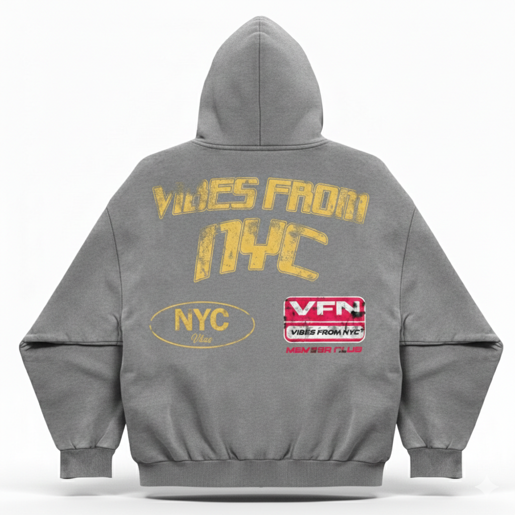 VIBESFROMNYC Distressed Back Print Zip Hoodie NYC Logo & VFN Patch