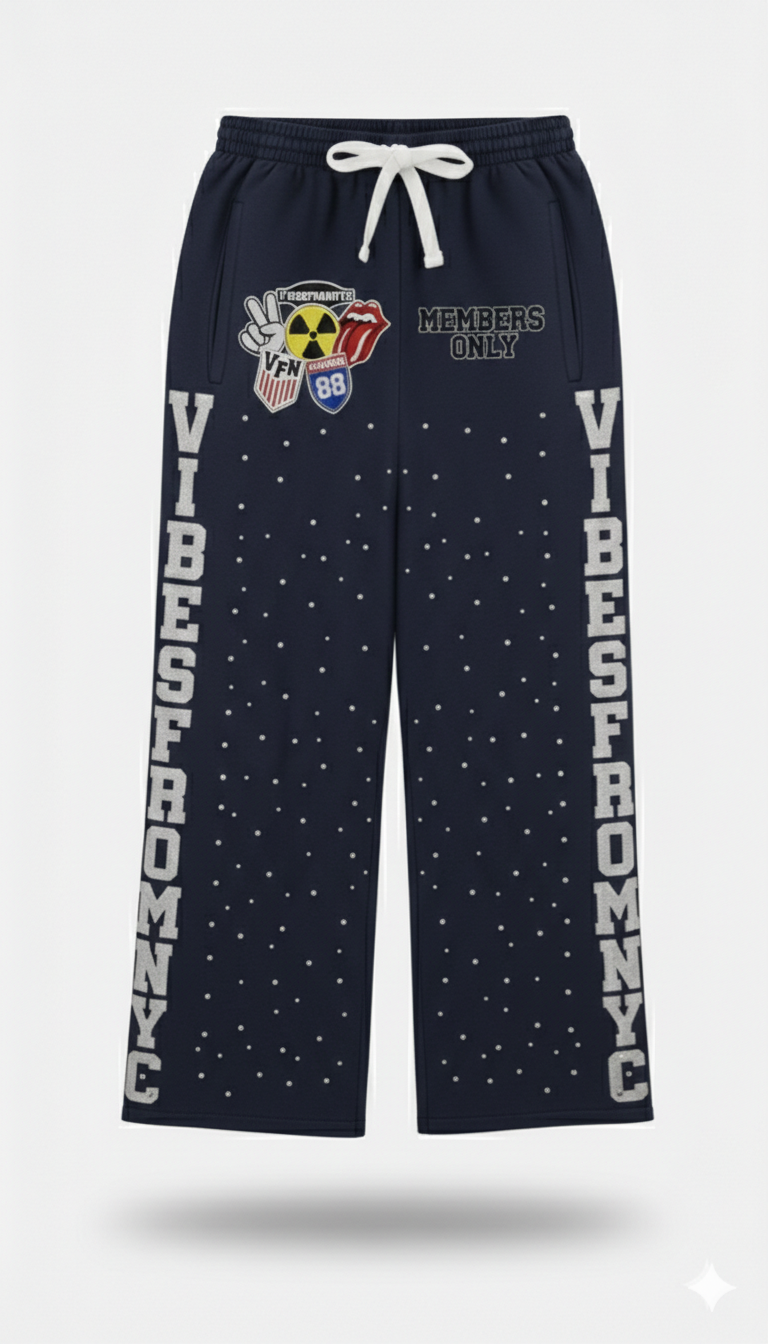 VIBESFROMNYC Members Only Graphic Lounge Sweatpants VFN 88 Patch & Vertical Lettering
