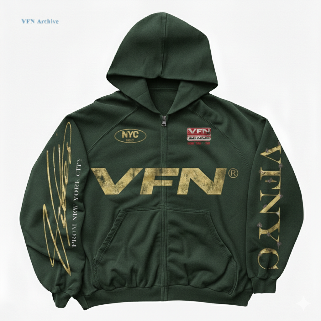 VIBESFROMNYC Distressed Back Print Zip Hoodie NYC Logo & VFN Patch