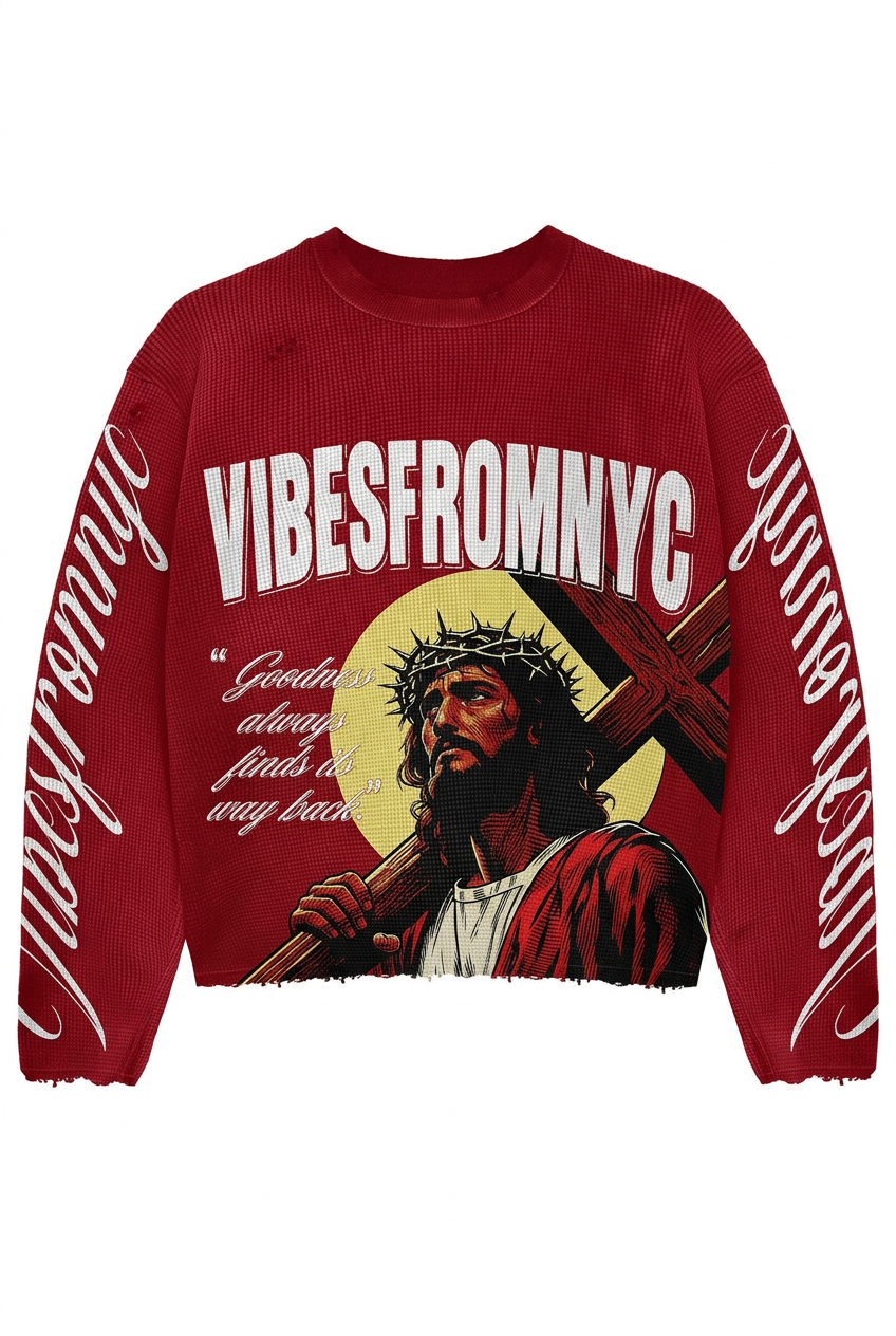 VIBESFROMNYC Graphic Waffle Knit Crewneck Sweater