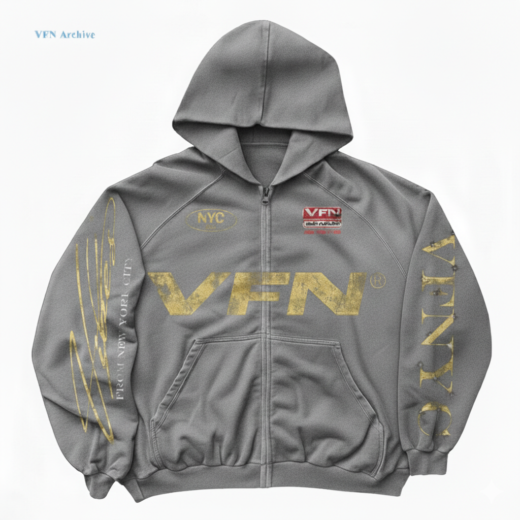 VIBESFROMNYC Distressed Back Print Zip Hoodie NYC Logo & VFN Patch