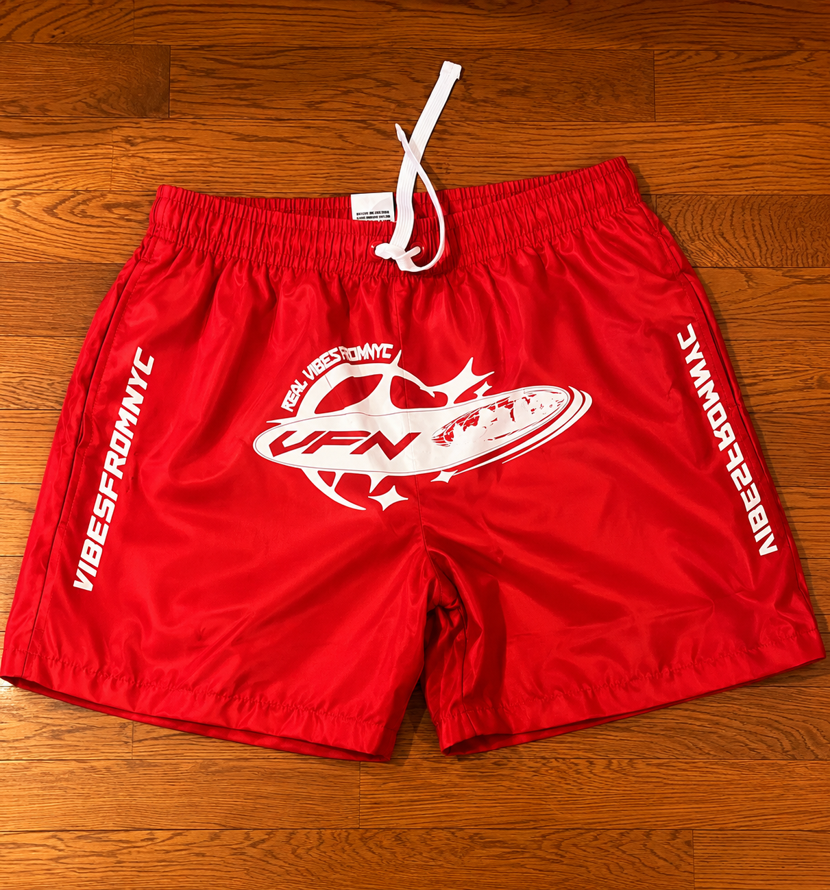 VIBESFROMNYC Drawstring Shorts Vertical Branding Detail