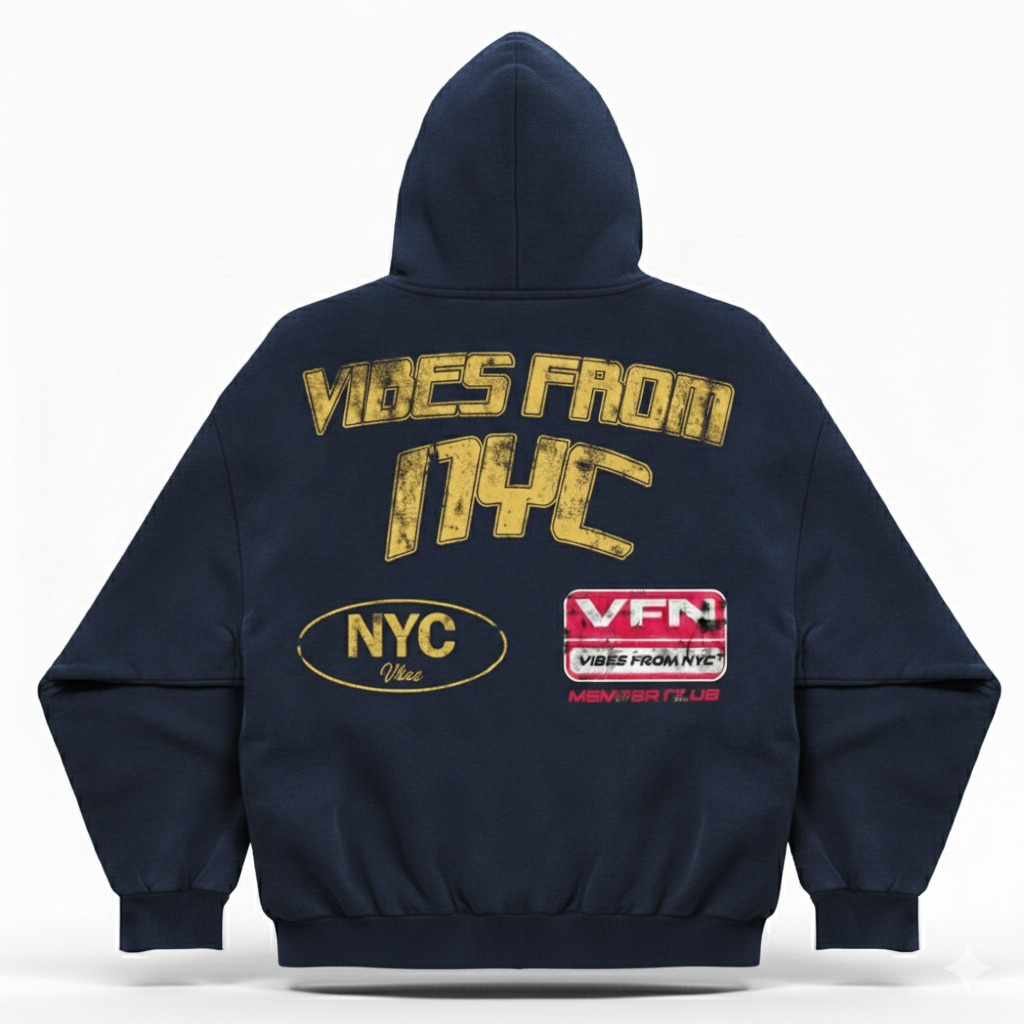 VIBESFROMNYC Distressed Back Print Zip Hoodie NYC Logo & VFN Patch