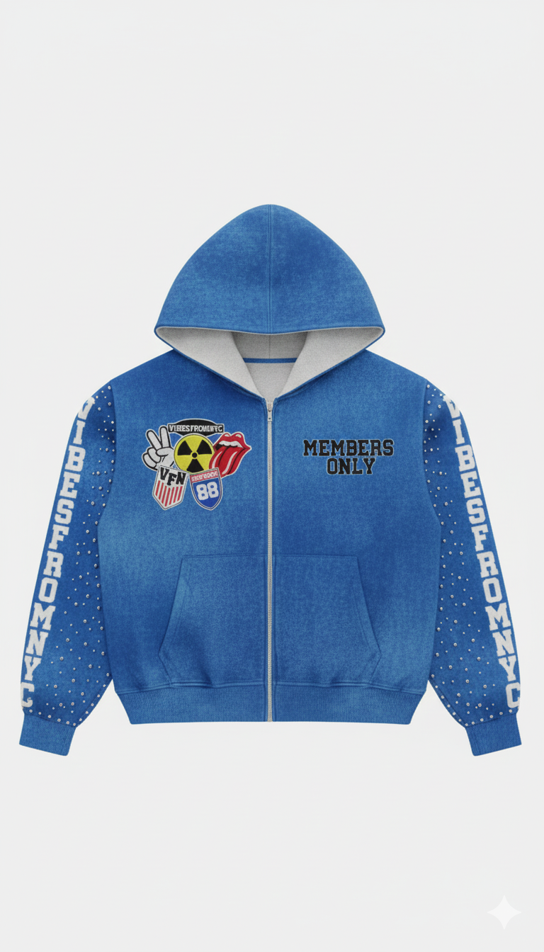 VIBESFROMNYC  Members Only Zip Hoodie Patch Crest & Sleeve Lettering
