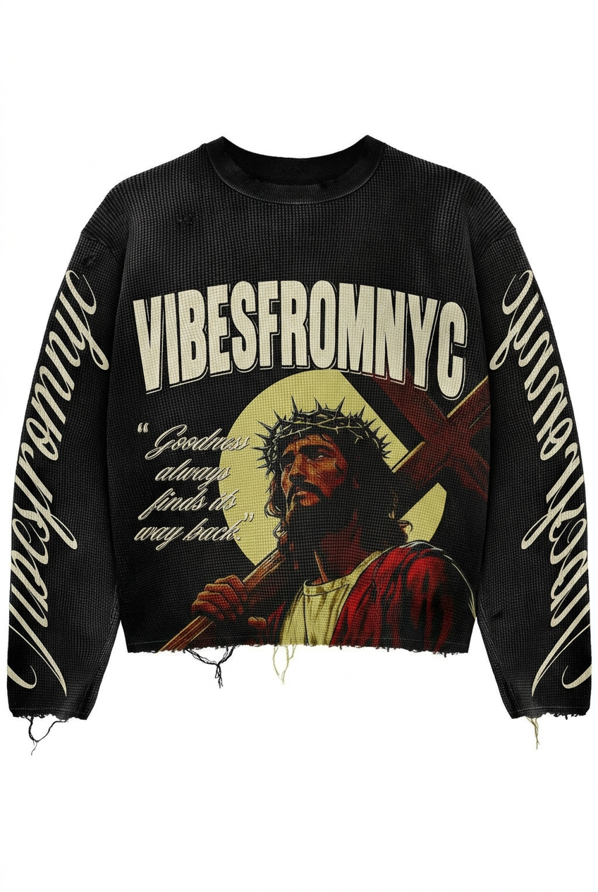 VIBESFROMNYC Graphic Waffle Knit Crewneck Sweater