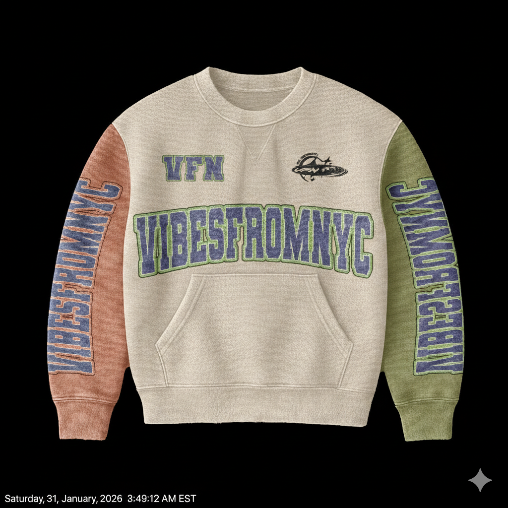 VIBESFROMNYC VFN Crewneck Sweater Front Graphic Logo Drop