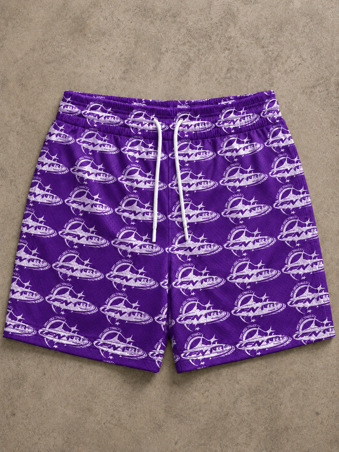 VIBESFROMNYC VFN All-Over Graphic Drawstring Shorts Repeat Logo Pattern