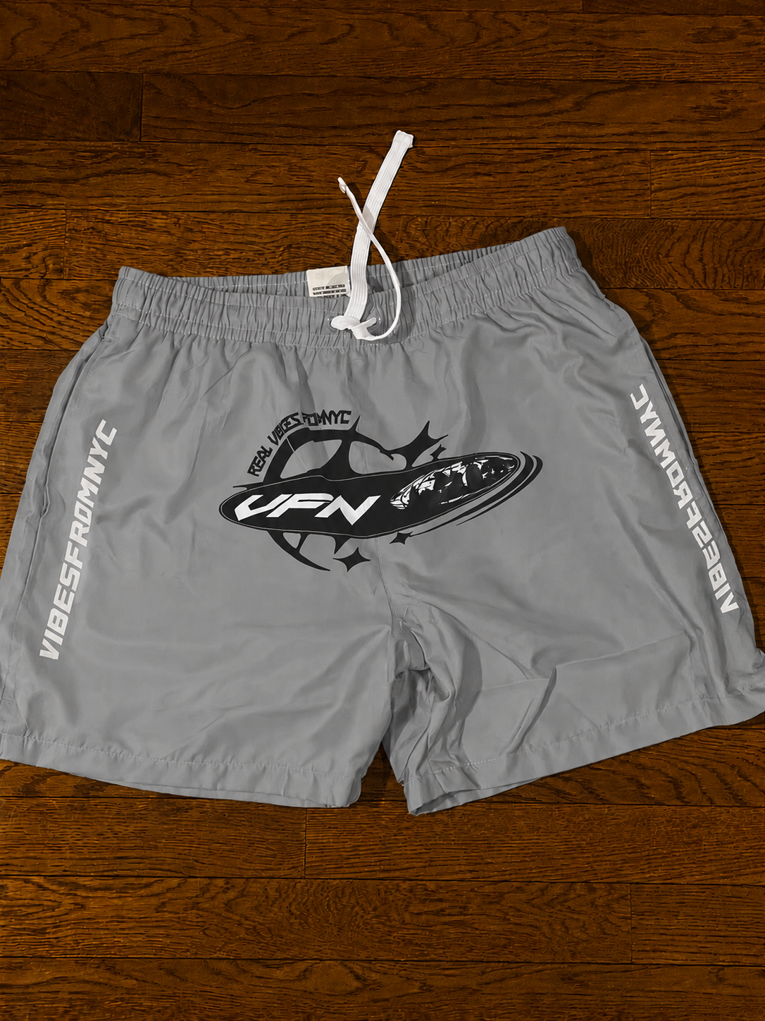 VIBESFROMNYC Drawstring Shorts Vertical Branding Detail