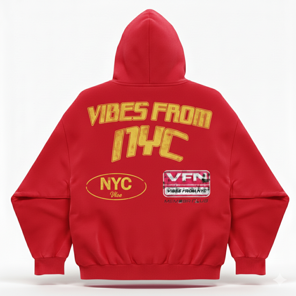 VIBESFROMNYC Distressed Back Print Zip Hoodie NYC Logo & VFN Patch