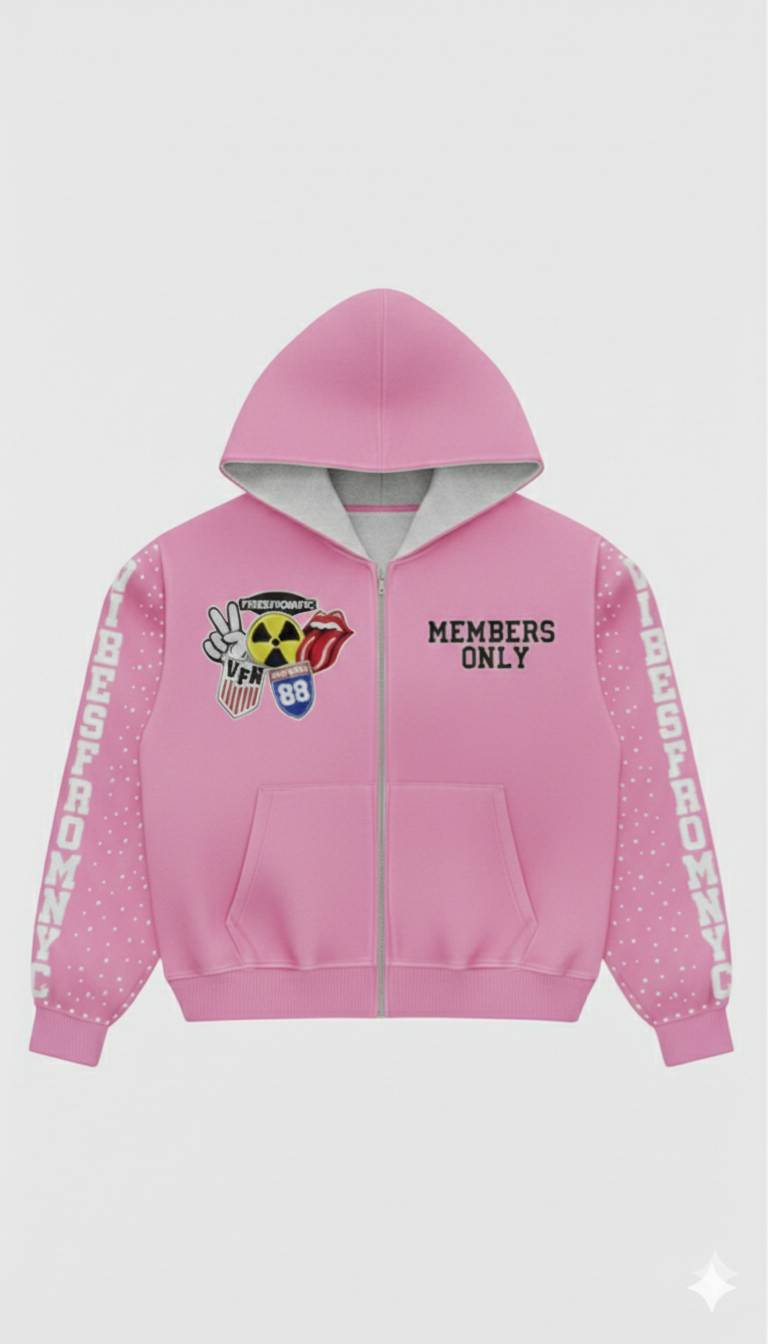 VIBESFROMNYC  Members Only Zip Hoodie Patch Crest & Sleeve Lettering