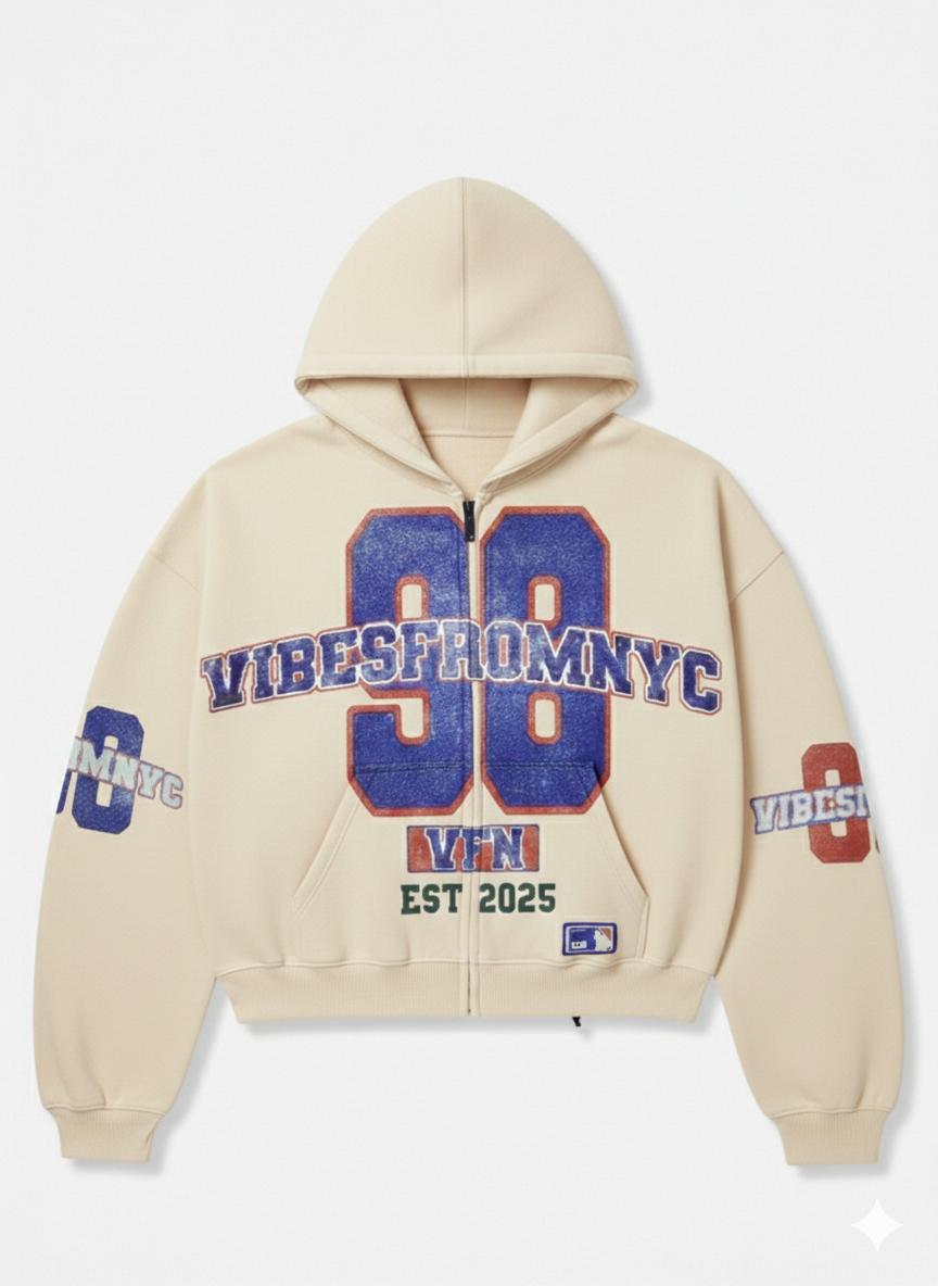 VIBESFROMNYC Distressed 98 Zip Hoodie Vibes From NYC PatchGraphic Full-Front