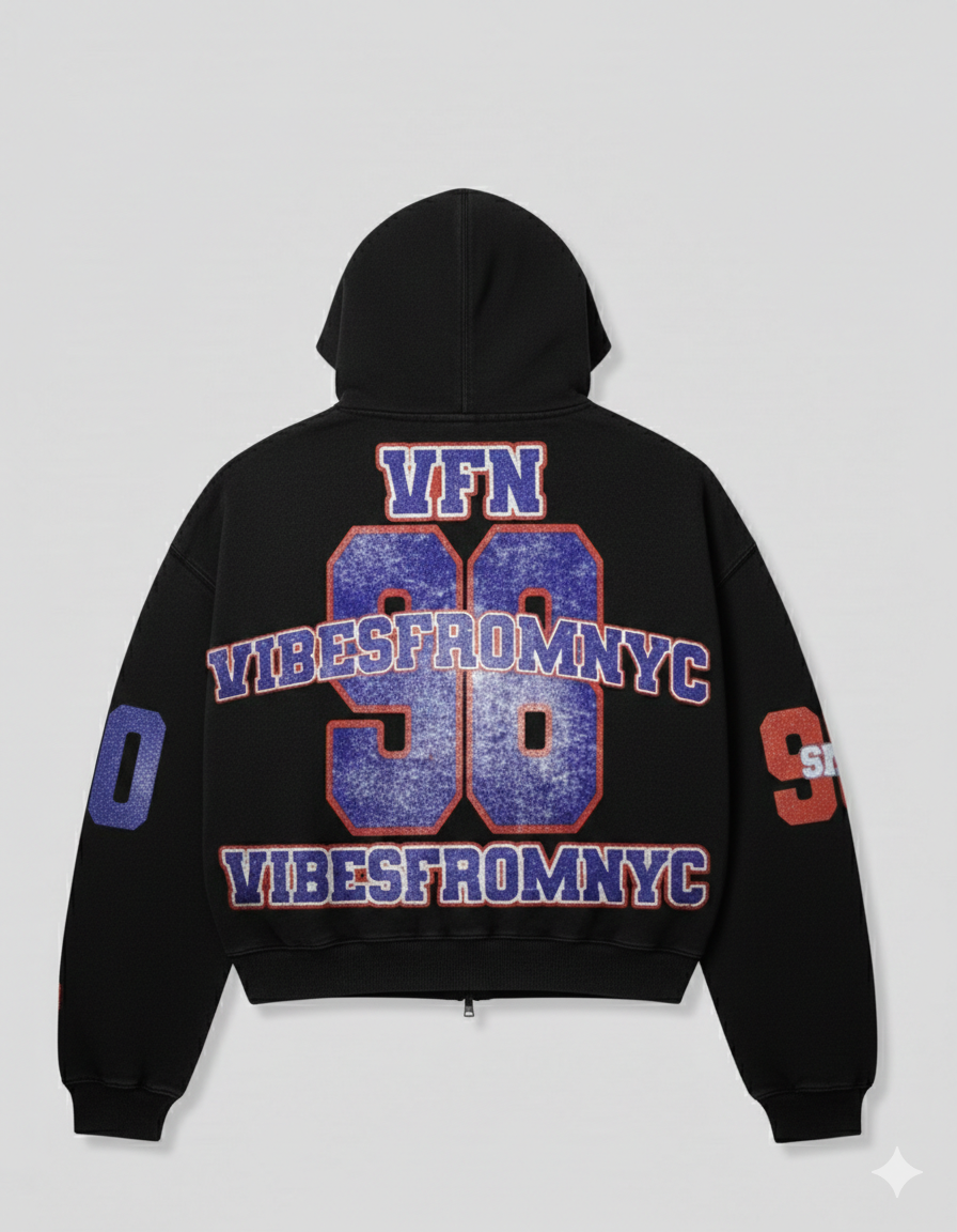 VIBESFROMNYC Distressed 98 Zip Hoodie Vibes From NYC PatchGraphic Full-Front
