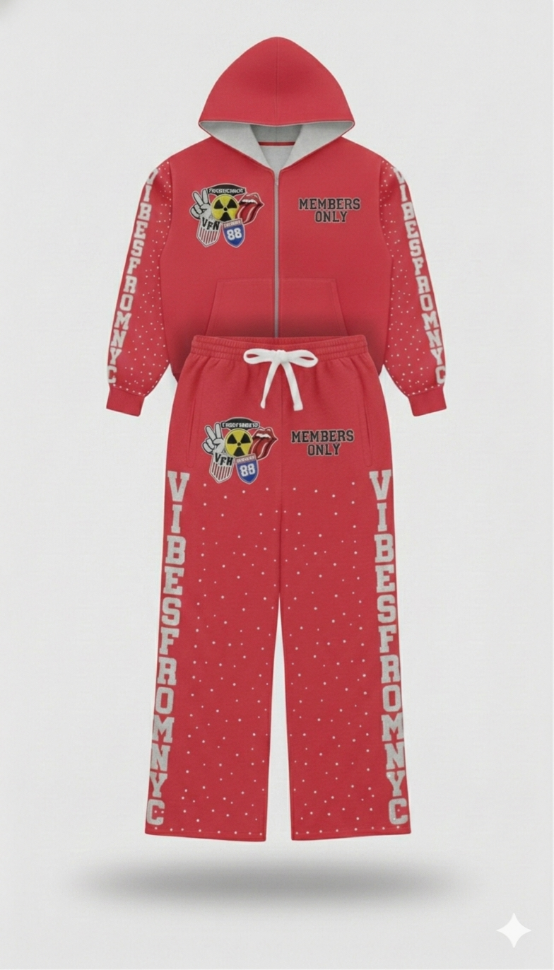 VIBESFROMNYC Members Only Graphic Zip Hoodie Set VFN 88 Crest & Side Lettering