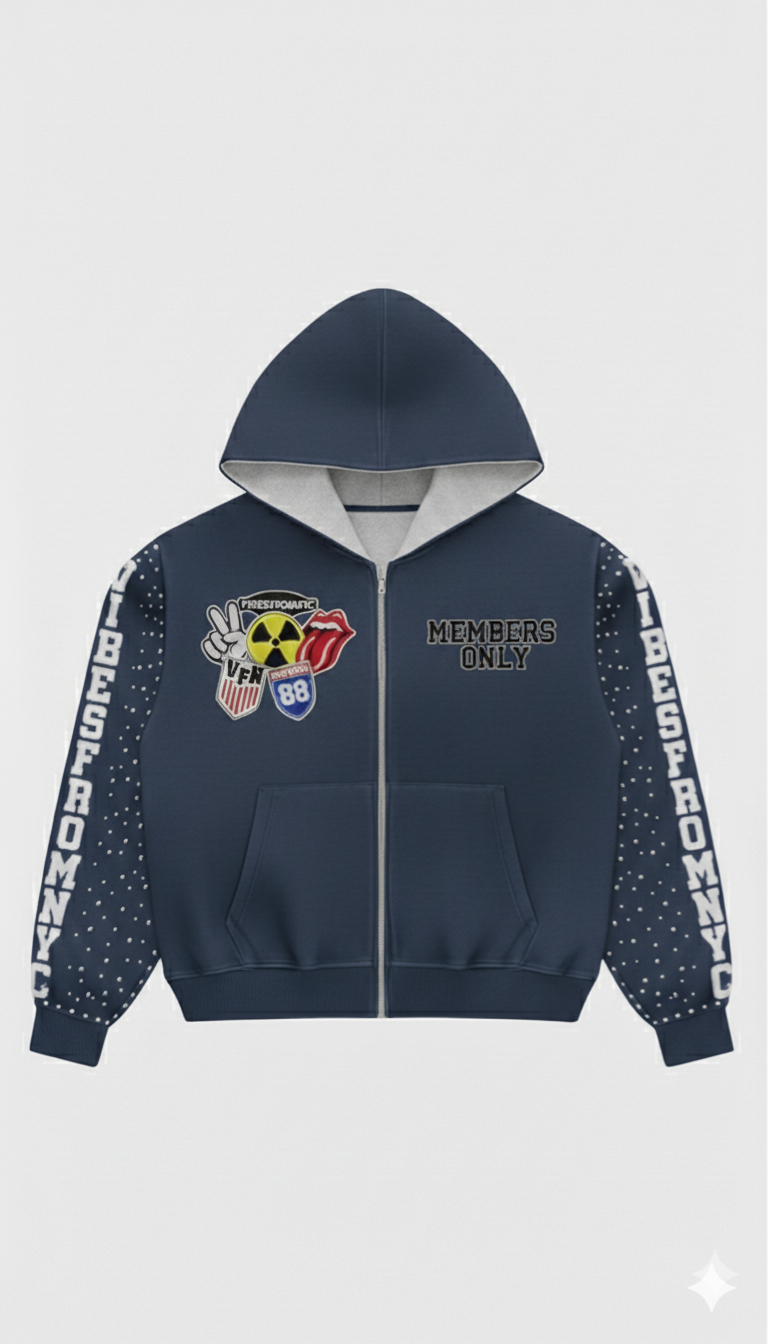 VIBESFROMNYC  Members Only Zip Hoodie Patch Crest & Sleeve Lettering