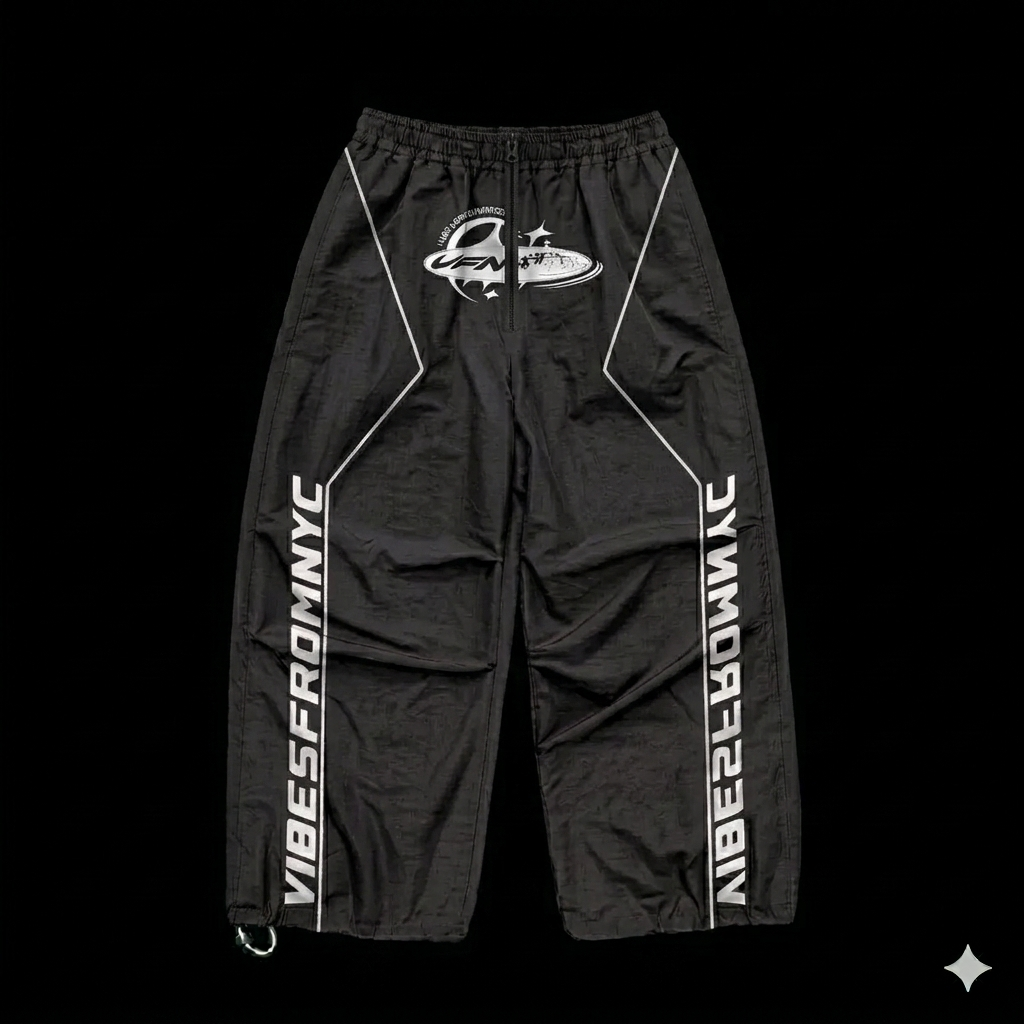 VIBESFROMNYC VFN Orb Graphic Track Sweatpants Vertical Sleeve-Style Word Branding