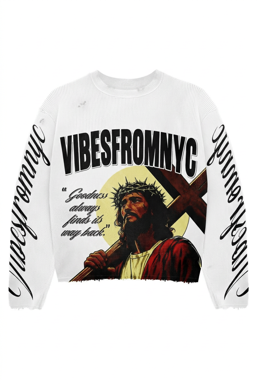 VIBESFROMNYC Graphic Waffle Knit Crewneck Sweater