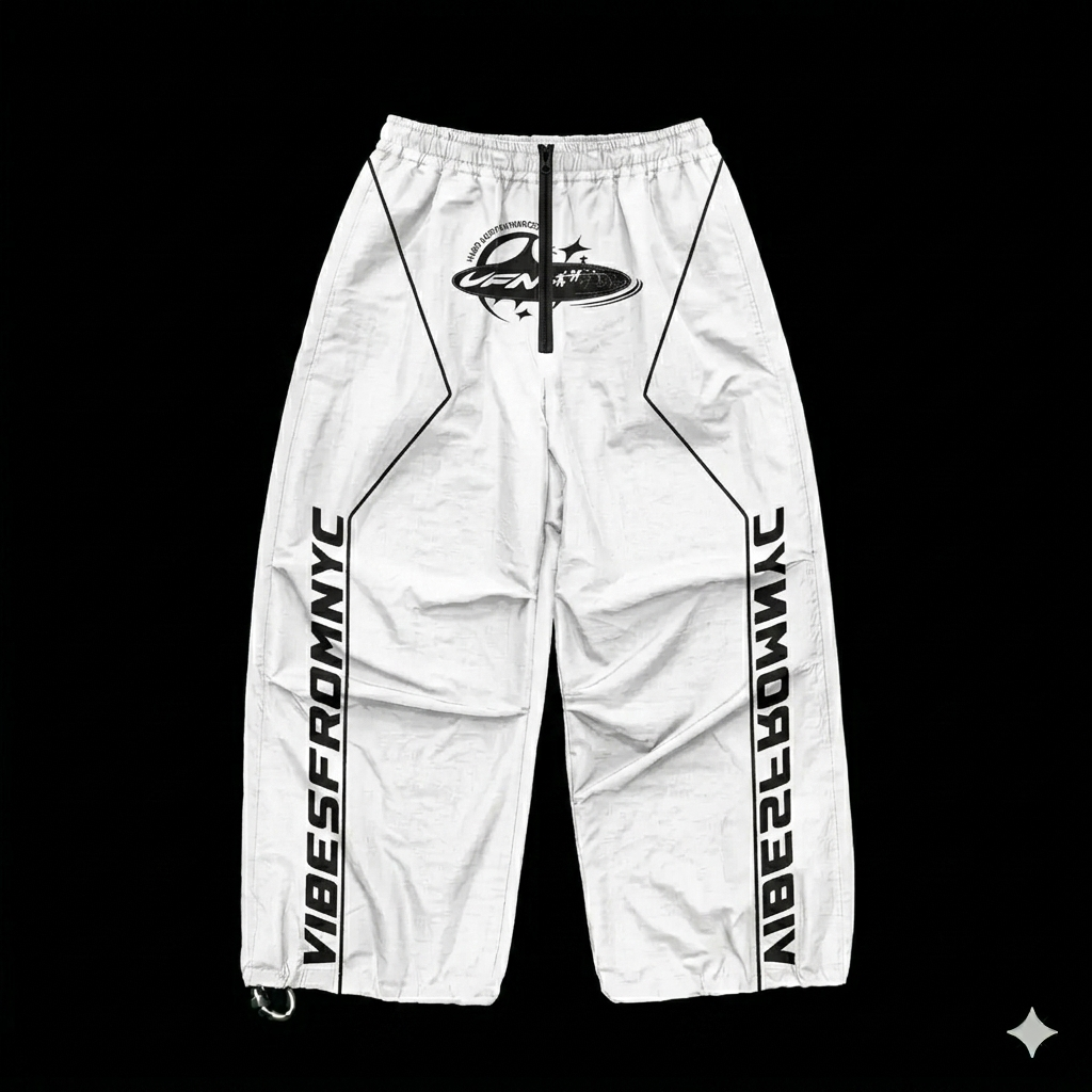 VIBESFROMNYC VFN Orb Graphic Track Sweatpants Vertical Sleeve-Style Word Branding